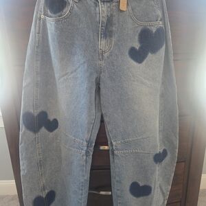 Stylish Blue Heart Pattern Women Barrel Jeans NWT